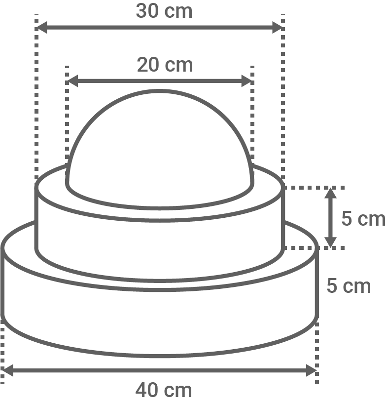 Skizze eines Objekts mit Maßen: Durchmesser 30 cm, Höhe 5 cm, weitere Details.