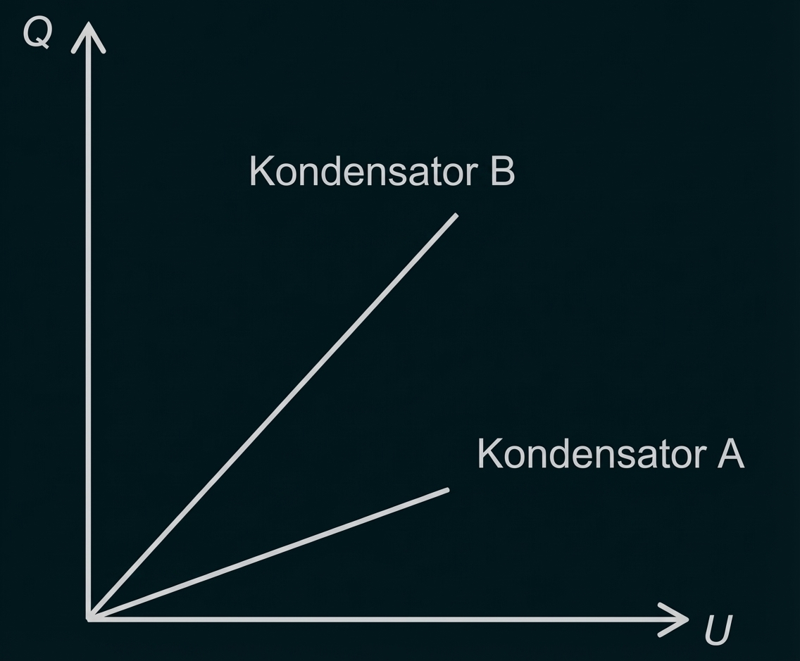 Diagramm Ladung Q gegen Spannung U mit zwei Geraden: Kondensator A flacher, Kondensator B steiler.