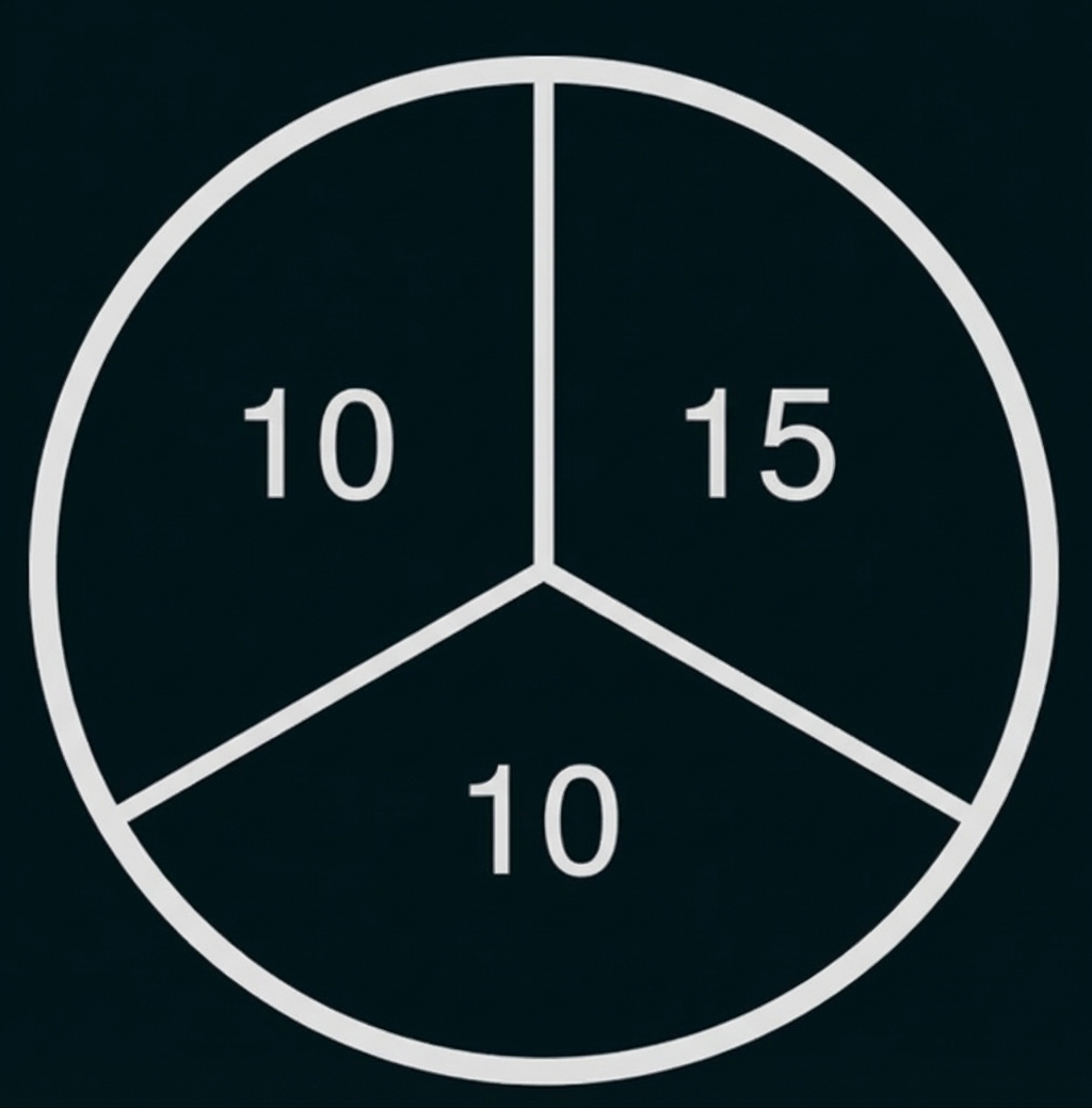 Kreis in drei Sektoren, beschriftet mit den Zahlen 10, 15 und 10