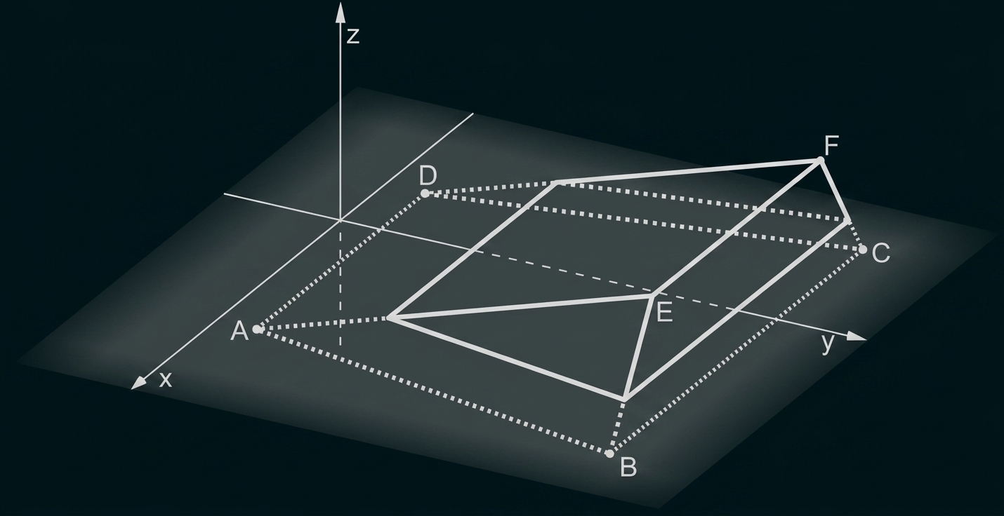 Schwarz-weißes 3D-Diagramm: schräges Prisma über Ebene, Koordinatenachsen x, y, z und markierte Punkte A–F