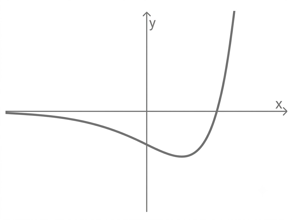 Koordinatensystem mit geschwungener Kurve, links flach, Tiefpunkt unter der x‑Achse und rechts stark ansteigend.
