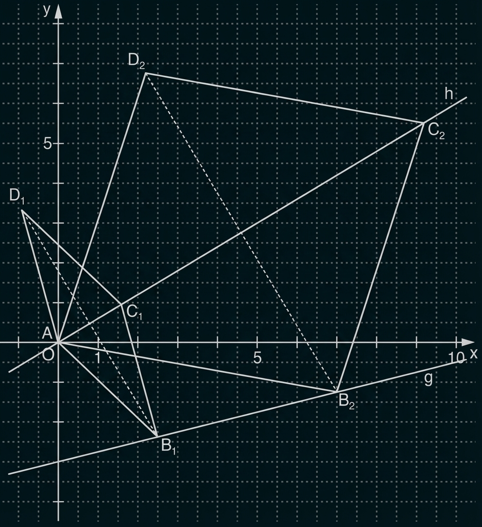 Kariertes Koordinatensystem mit Ursprung, mehreren markierten Punkten und verbundenen Dreiecken sowie zwei Linien (h und g)