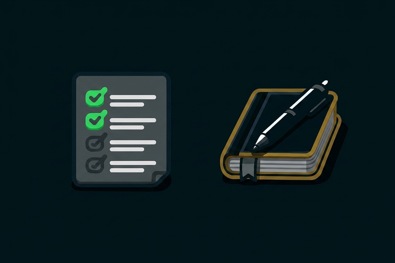 Abgehakte Checkliste links und Notizbuch mit Stift rechts vor goldenem Hintergrund