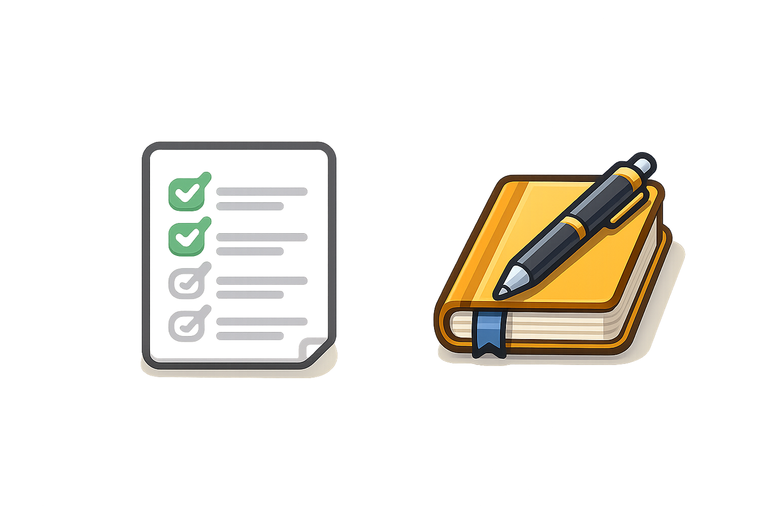 Abgehakte Checkliste links und Notizbuch mit Stift rechts vor goldenem Hintergrund