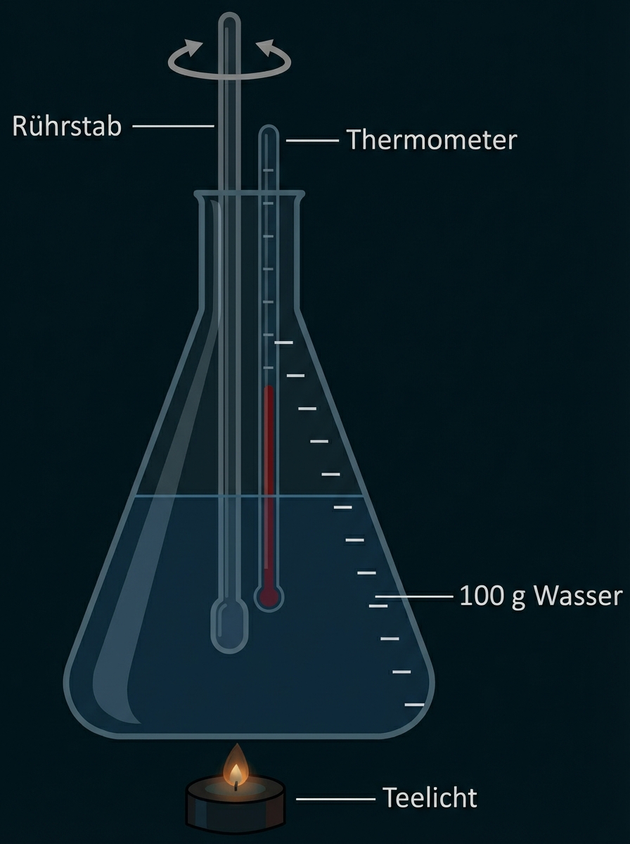 Schema eines Versuchsaufbaus zur kalorimetrischen Untersuchung eines Teelichtofens mit Teelicht, Kolben, Thermometer und Wasser