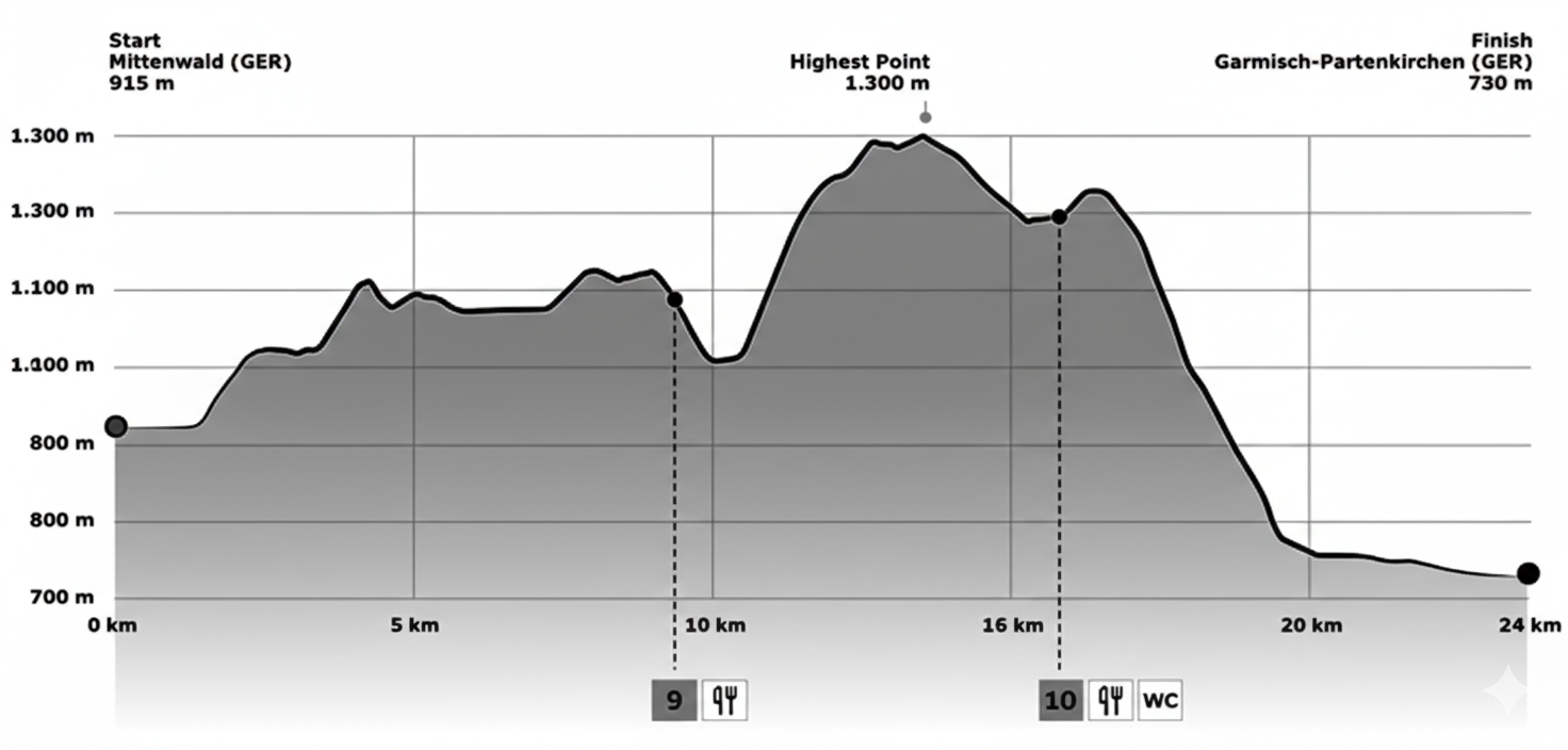Höhenprofil einer 24 km Strecke: Start Mittenwald 915 m, Höchstpunkt 1.300 m, Ziel Garmisch-Partenkirchen 730 m.