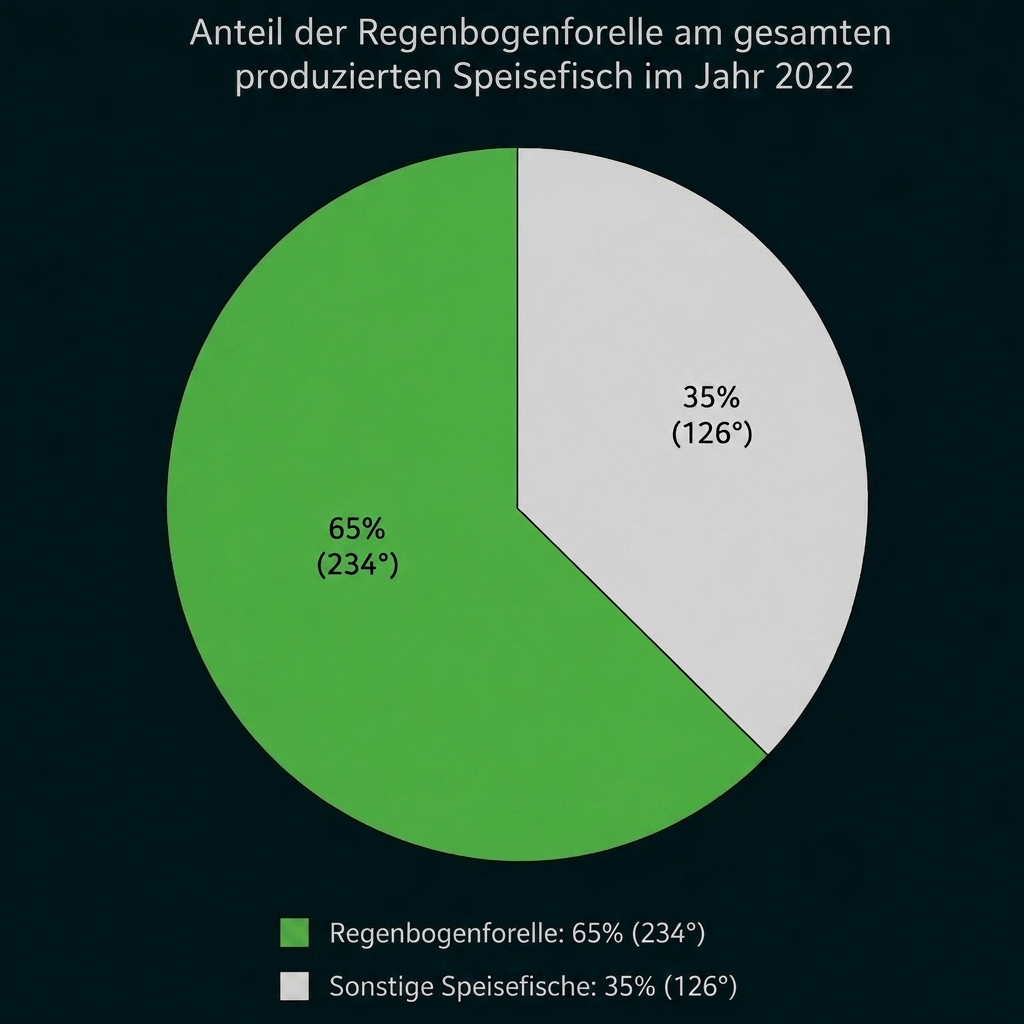 Kreisdiagramm zum Anteil der Regenbogenforelle am produzierten Speisefisch 2022: 65 % Regenbogenforelle, 35 % sonstige Fische