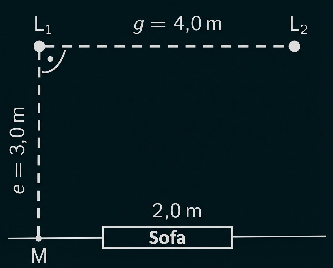 Schematische Darstellung: Sofa 2,0 m unten, Punkt M links, senkrechte e = 3,0 m zur Ecke, L1 oben links, L2 oben rechts, g = 4,0 m