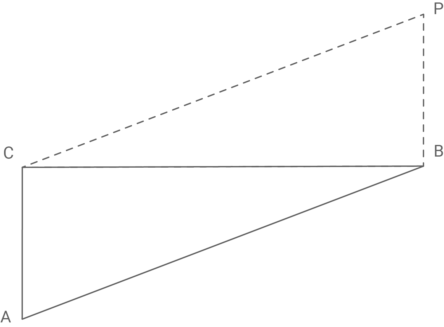 Schematische Darstellung eines rechtwinkligen Dreiecks mit den Punkten A, B, C und einem Punkt P.