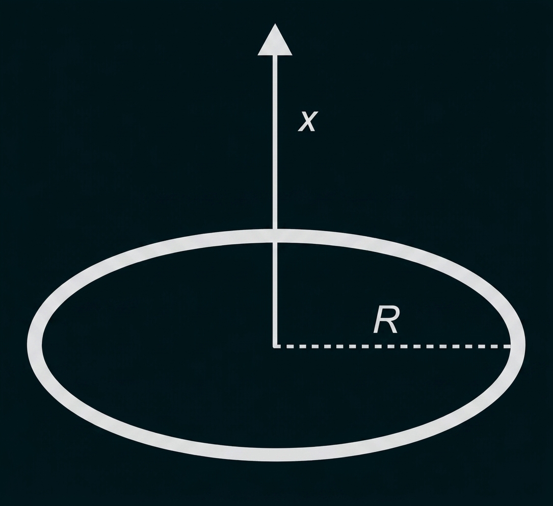 Ellipsenförmiger Ring mit vertikaler Achse x und gestricheltem Radius R
