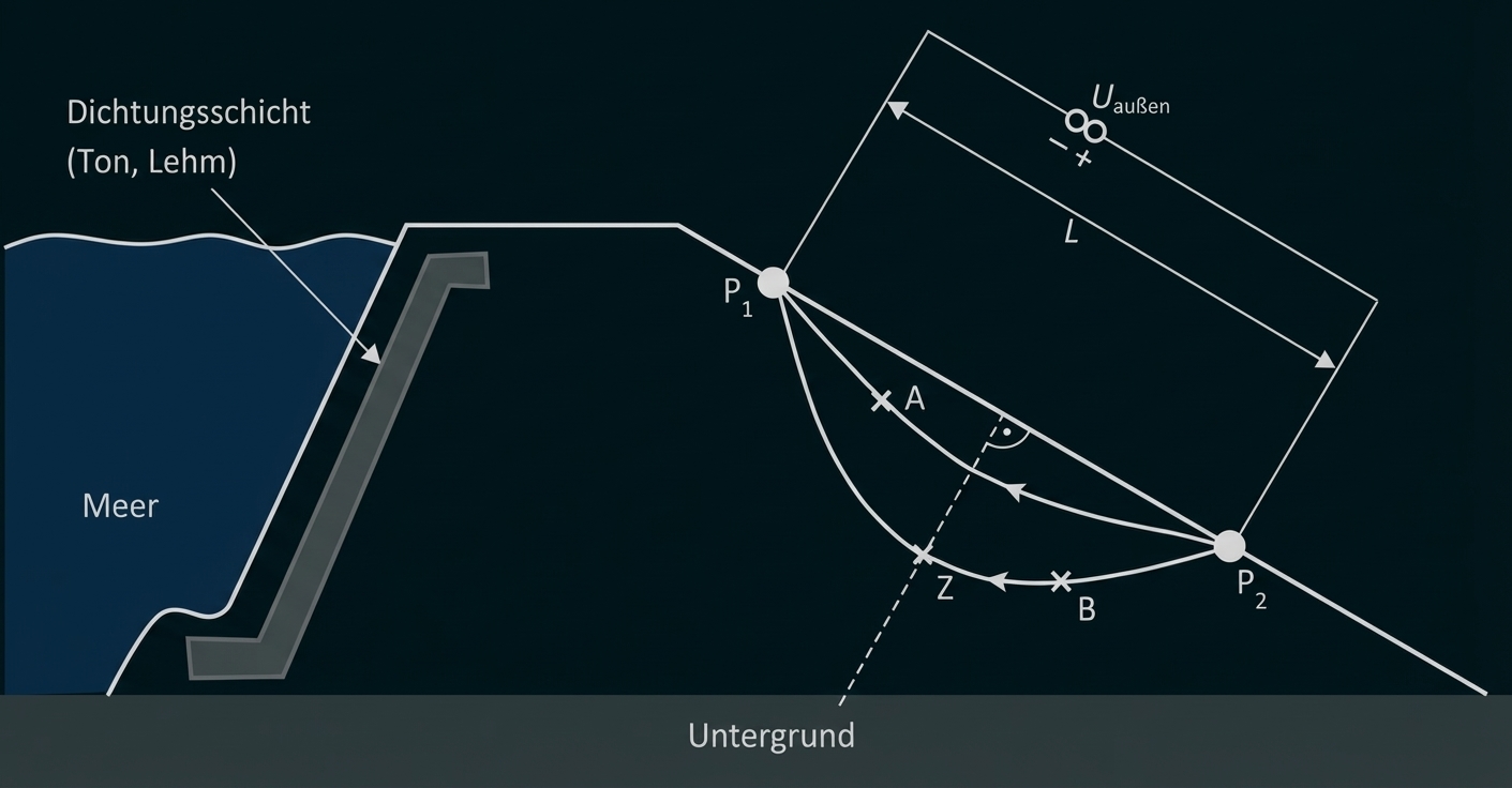 Schematische Querschnitt: Meer links, Dichtungsschicht, Untergrund und Grundwasserströmung mit Punkten P1/P2 und Messstrecke.