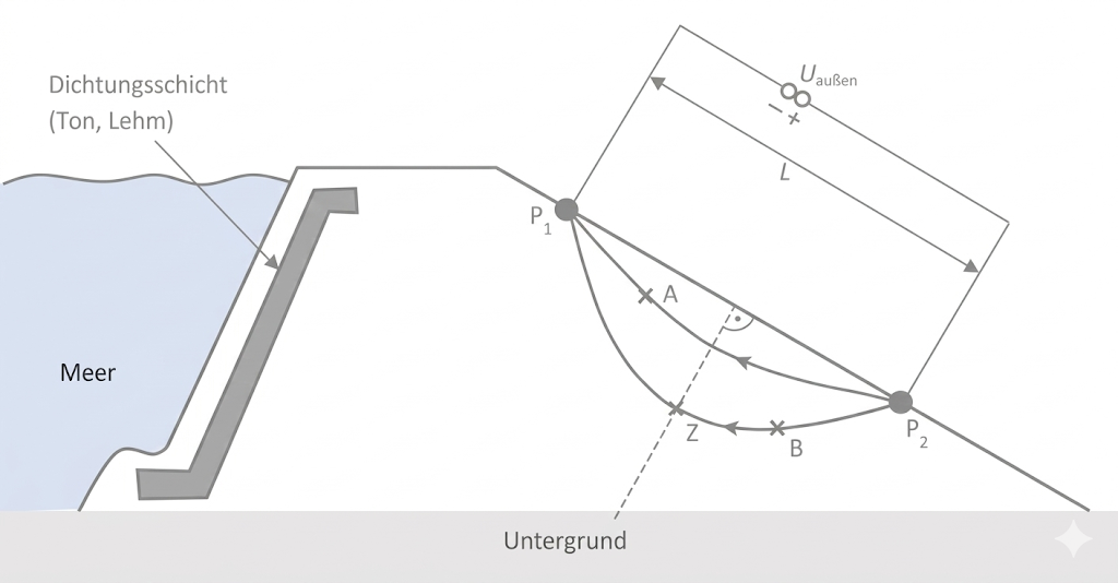 Schematische Querschnitt: Meer links, Dichtungsschicht, Untergrund und Grundwasserströmung mit Punkten P1/P2 und Messstrecke.