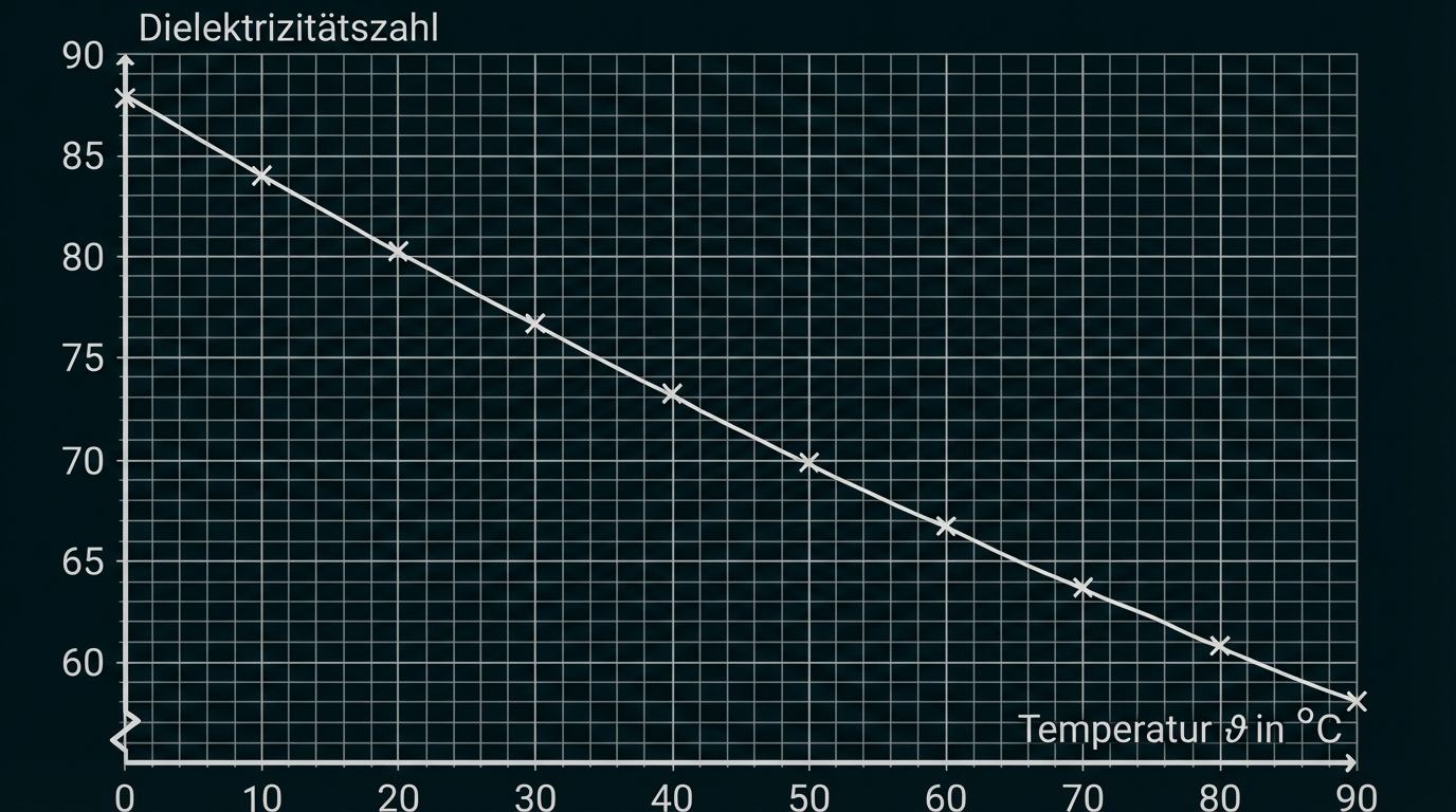 Diagramm: Dielektrizitätszahl sinkt gleichmäßig mit steigender Temperatur (0–90 °C)