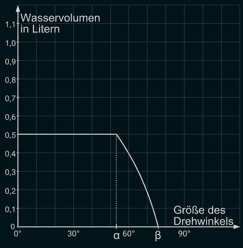 Diagramm: Wasservolumen in Litern gegen Drehwinkel, 0,5 L bis α (≈60°), dann abfallende Kurve bis 0 bei β.