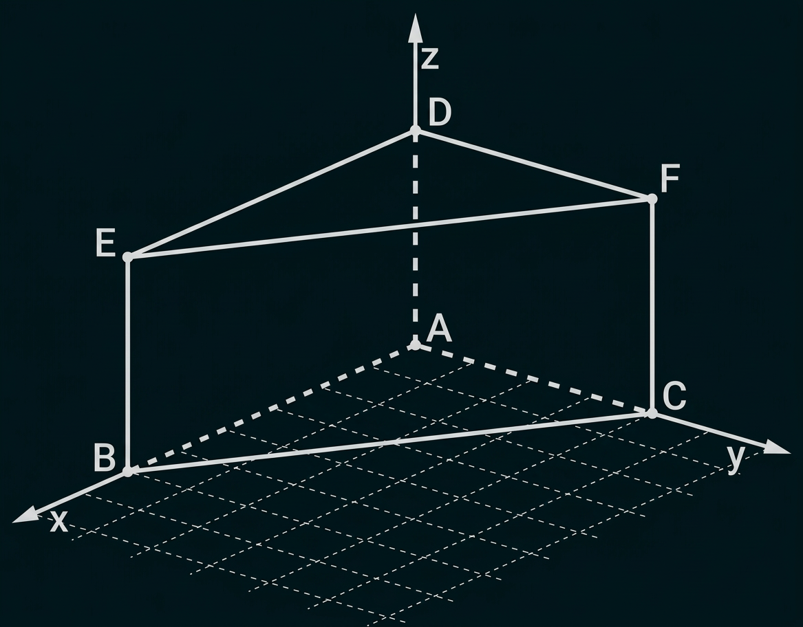 Schrägbild eines geometrischen Körpers mit den Punkten A bis F und den Koordinatenachsen x, y und z.