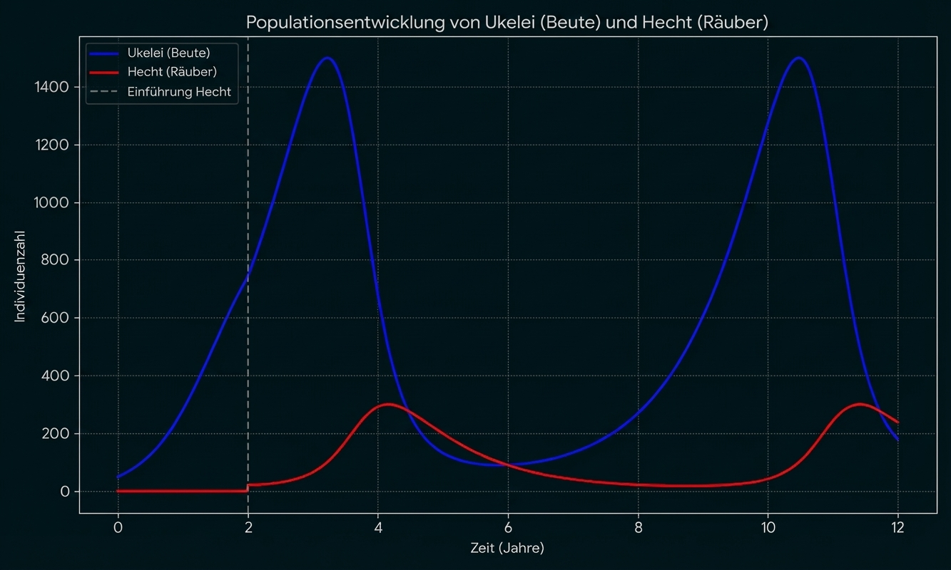 Diagramm: Populationsverlauf von Ukelei (blau) und Hecht (rot) über 12 Jahre, gestrichelte Linie bei Jahr 2.