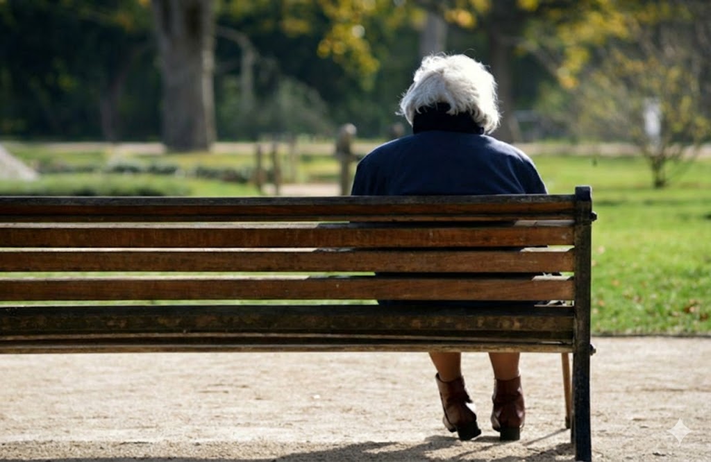 Person mit weißen Haaren sitzt von hinten auf einer Parkbank im Grünen.