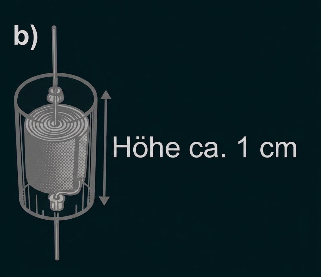 Zylindrische Spule in durchsichtigem Gehäuse mit zwei Anschlussdrähten und Beschriftung "Höhe ca. 1 cm"