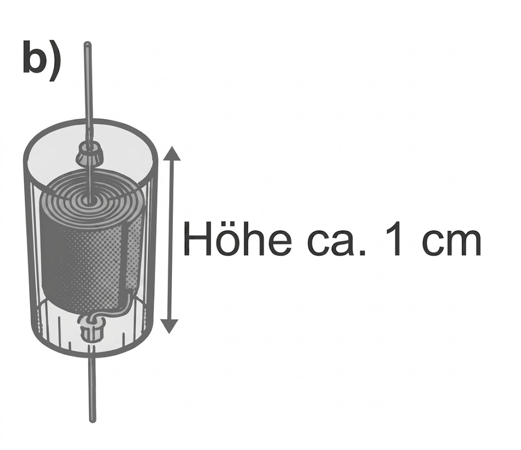 Zylindrische Spule in durchsichtigem Gehäuse mit zwei Anschlussdrähten und Beschriftung "Höhe ca. 1 cm"