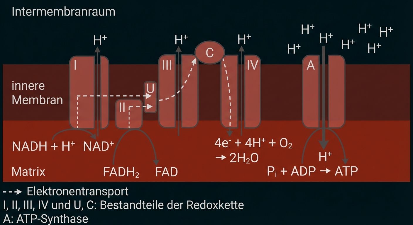 Schematische Darstellung der mitochondrialen Elektronentransportkette mit Protonenfluss und ATP-Synthase