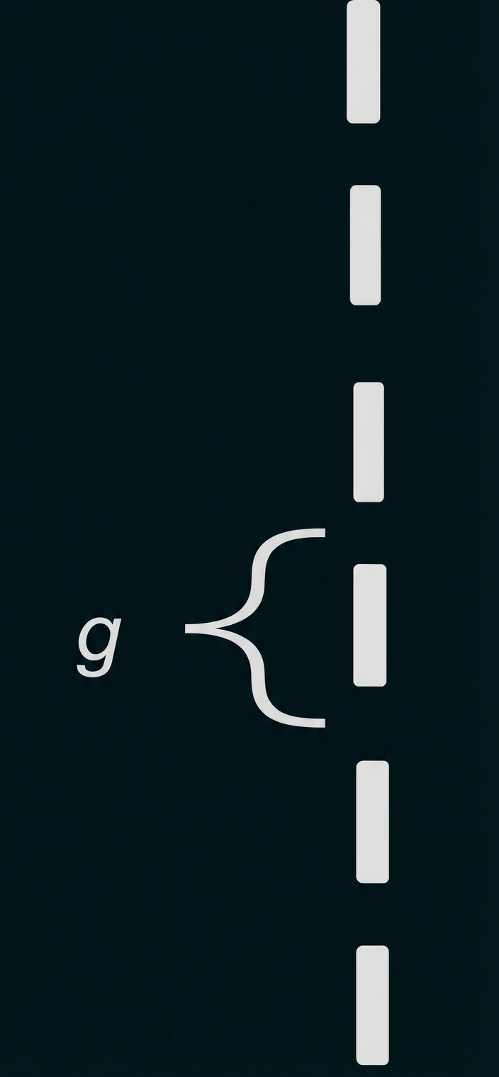 Kleines "g" links, geschweifte Klammer in der Mitte, mehrere vertikale dunkle Rechtecke in einer Spalte rechts