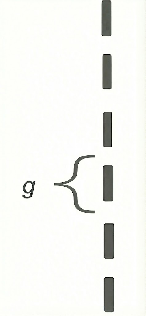 Kleines "g" links, geschweifte Klammer in der Mitte, mehrere vertikale dunkle Rechtecke in einer Spalte rechts