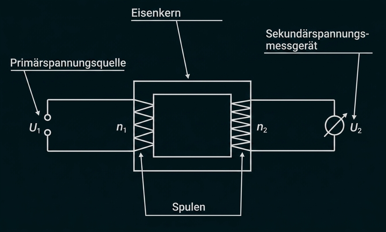 Schematisches Transformator-Diagramm mit Primär- und Sekundärwicklung, Eisenkern und Spannungsmessgerät