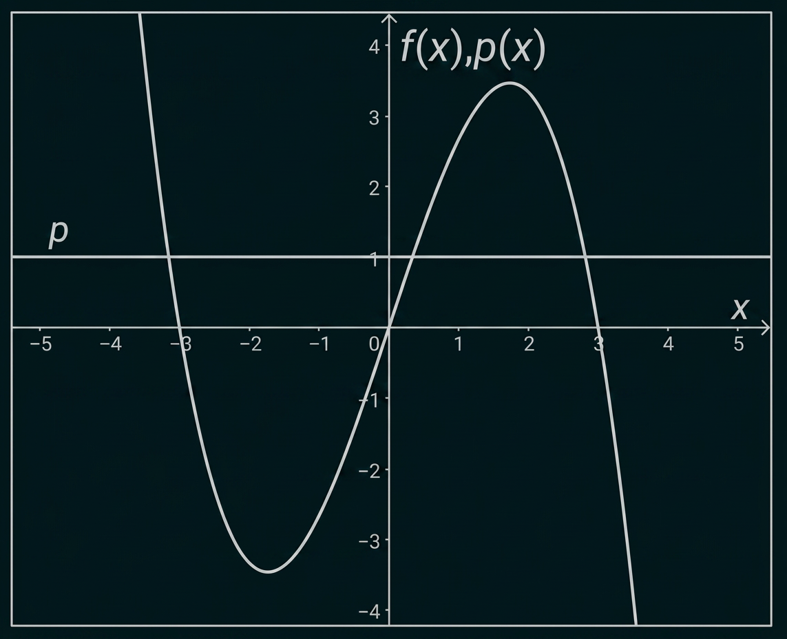 Graph der Funktionen f(x) und p(x) mit Achsen und markierten Schnittpunkten.