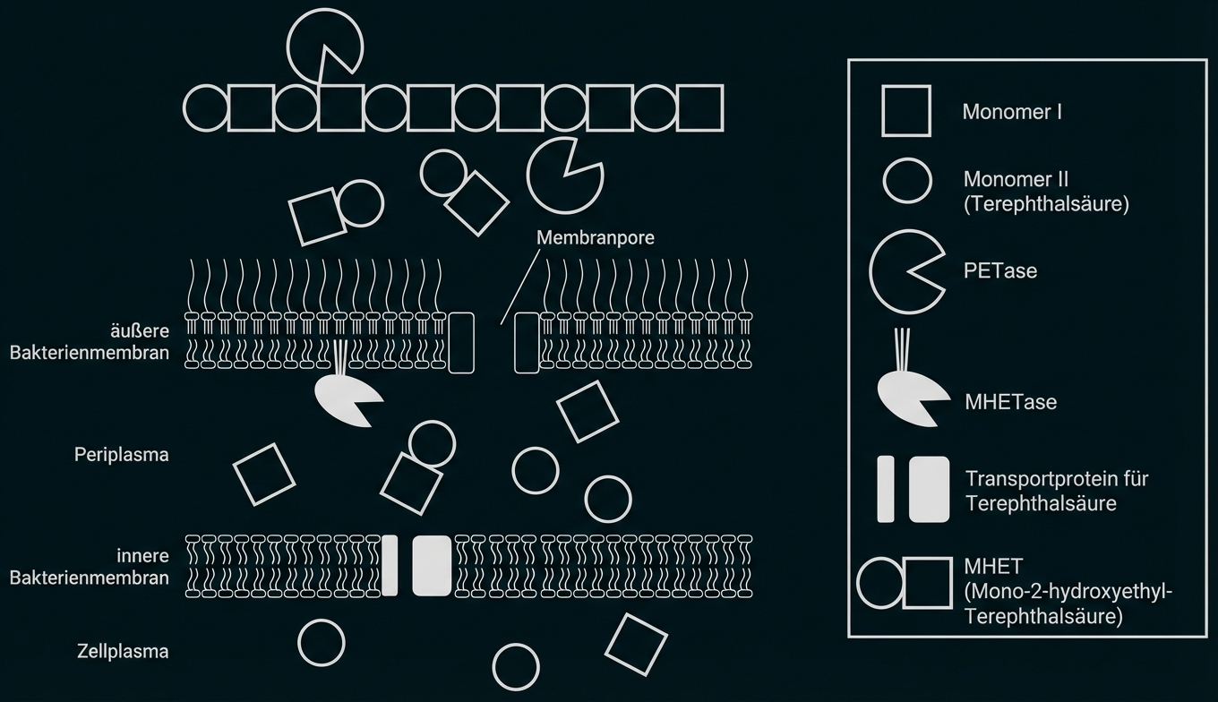 Schematische Darstellung: PET-Abbau an Bakterienmembranen mit Enzymen, Transportproteinen und MHET/Monomeren.