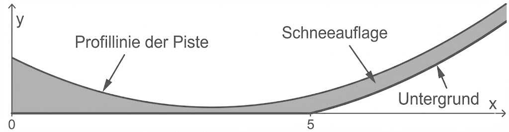 Querschnitt einer Piste mit Profillinie, Schneeauflage und Untergrund entlang der x- und y-Achse