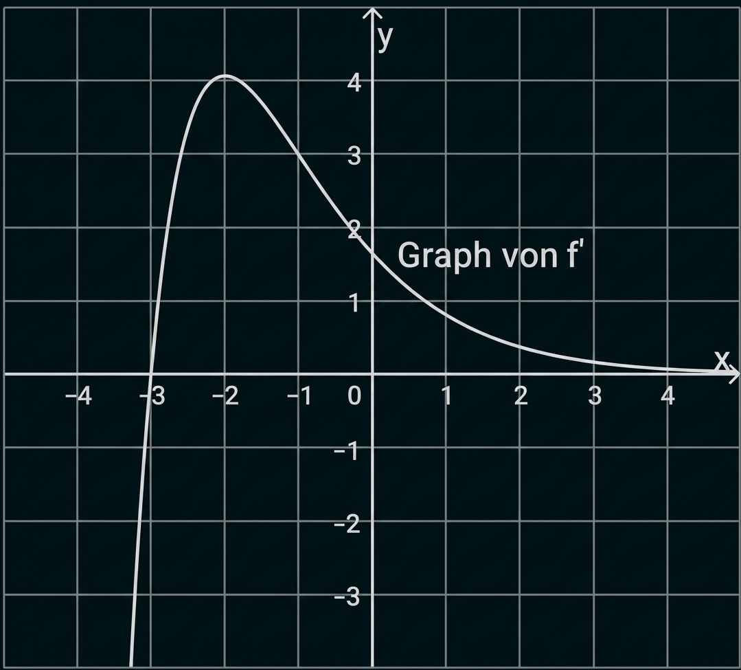 Koordinatensystem mit Raster und beschriftetem Graph von f', Kurve mit Maximum bei ca. x=-2, fällt danach gegen 0.