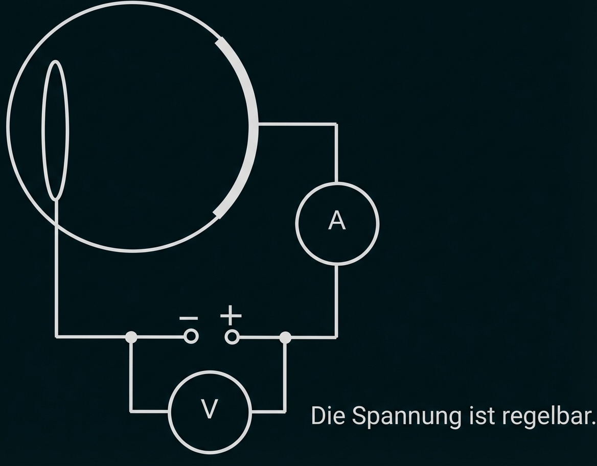 Schaltplan mit einstellbarer Spannung, großem Kreis, Schalter, Amperemeter (A) und Voltmeter (V).