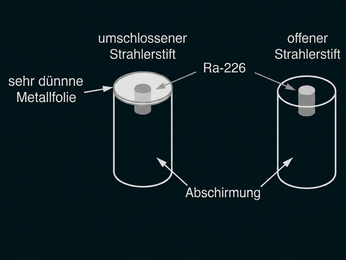 Vergleich von umschlossenem und offenem Strahlerstift mit Abschirmung und Metallfolie