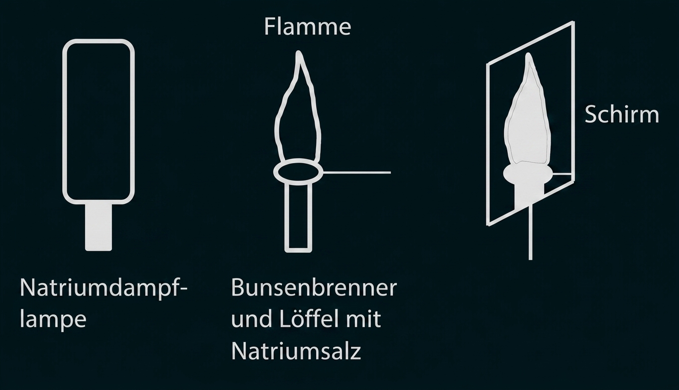 Drei schematische Symbole: Natriumdampflampe, Bunsenbrenner mit Löffel und Flamme, Flamme hinter einem Schirm