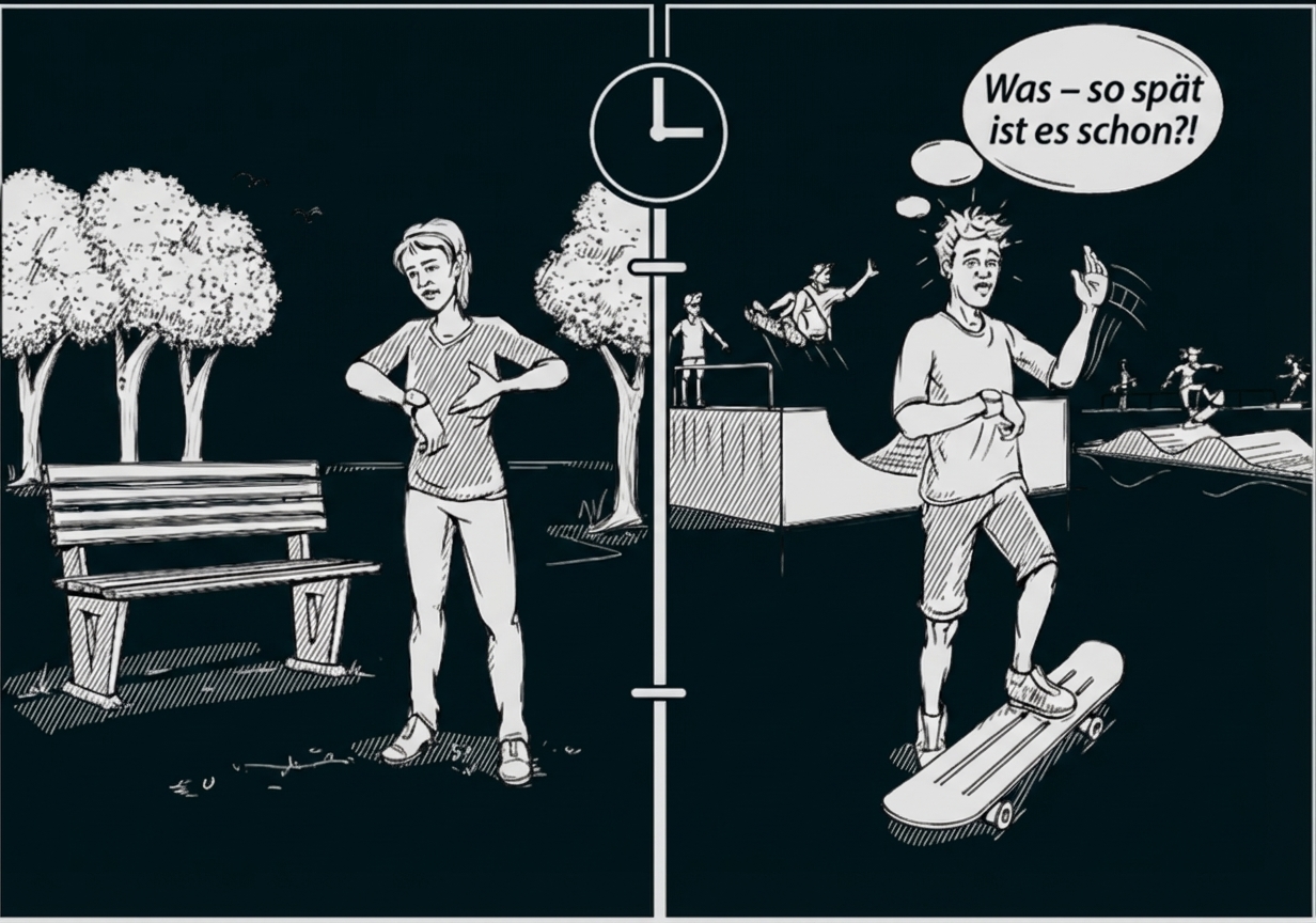 Zweifeldiger Comic: Person schaut auf Uhr im Park; im nächsten Feld überrascht Skateboarder im Skatepark – "Was, so spät?!"