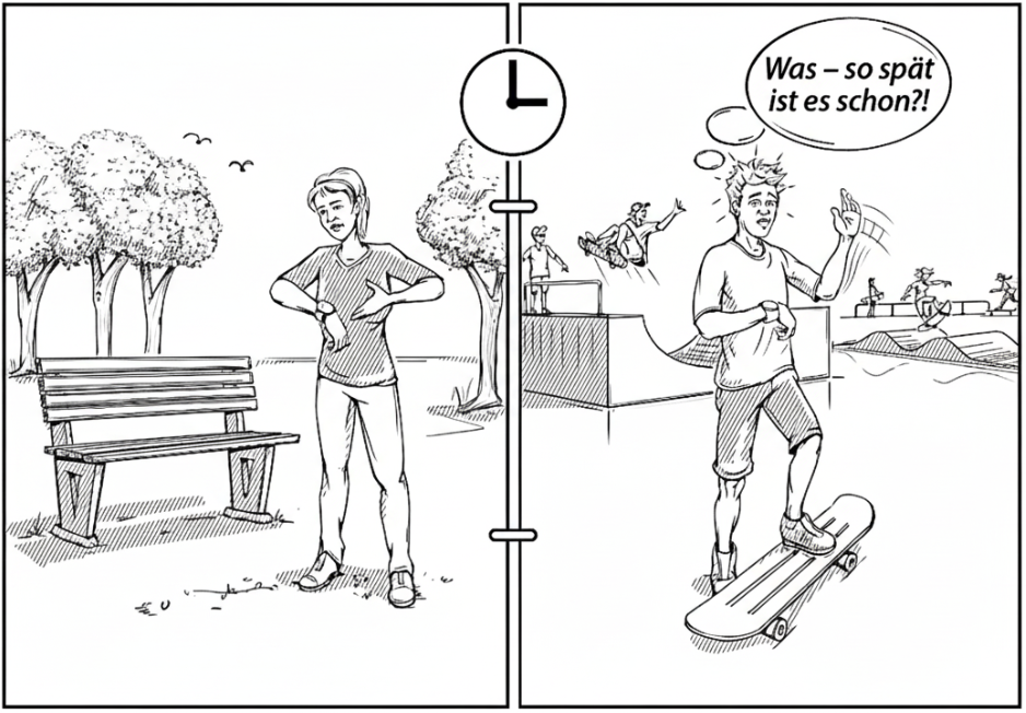 Zweifeldiger Comic: Person schaut auf Uhr im Park; im nächsten Feld überrascht Skateboarder im Skatepark – "Was, so spät?!"