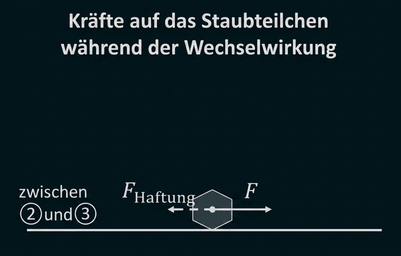 Schematische Zeichnung: Staubteilchen auf Untergrund mit zwei entgegengesetzten Kräften F und F_Haftung