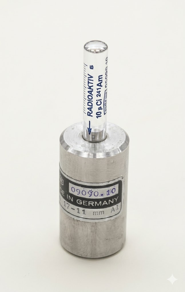 Metallzylinder mit Glasampulle, Aufdruck "Radioaktiv" und "Made in Germany".