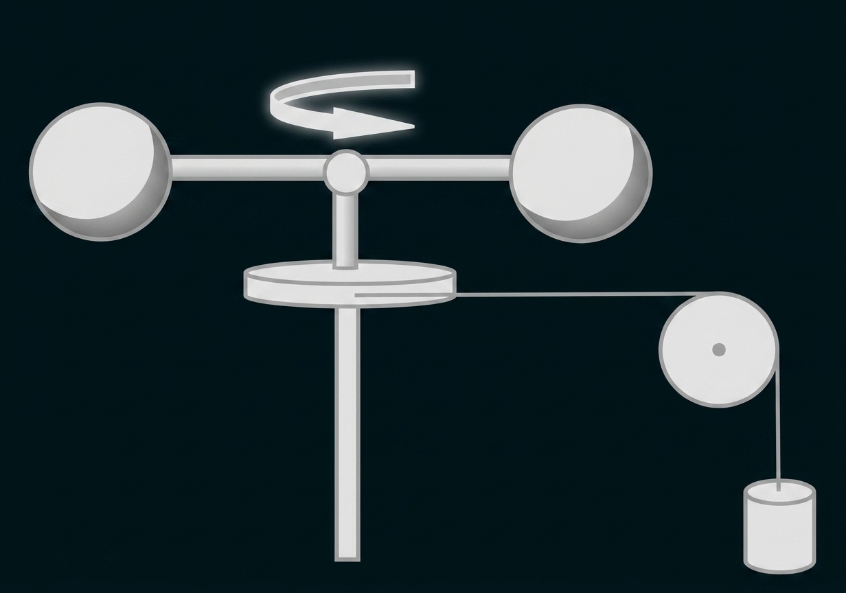 Schematische Apparatur: horizontale Stange mit zwei Kugelgewichten, drehbare Achse, Seilrolle mit hängender Masse.