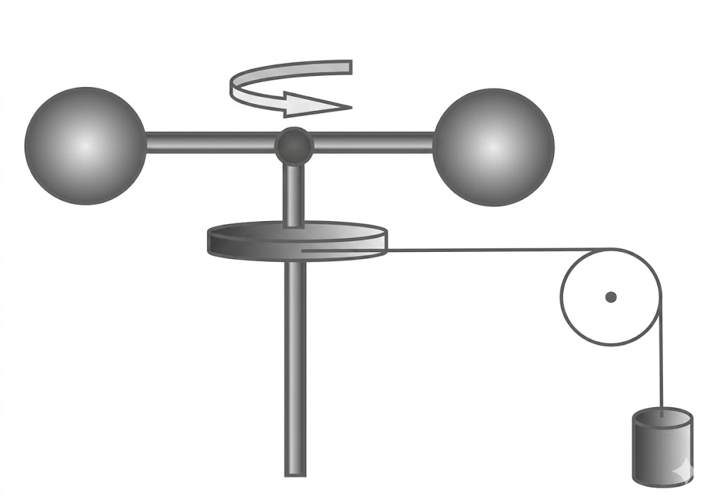Schematische Apparatur: horizontale Stange mit zwei Kugelgewichten, drehbare Achse, Seilrolle mit hängender Masse.