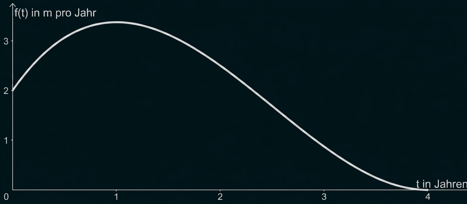 Diagramm: f(t) in m/Jahr steigt von 2 auf ~3,3 bei t≈1, dann fällt die Kurve stetig auf 0 bei t=4.
