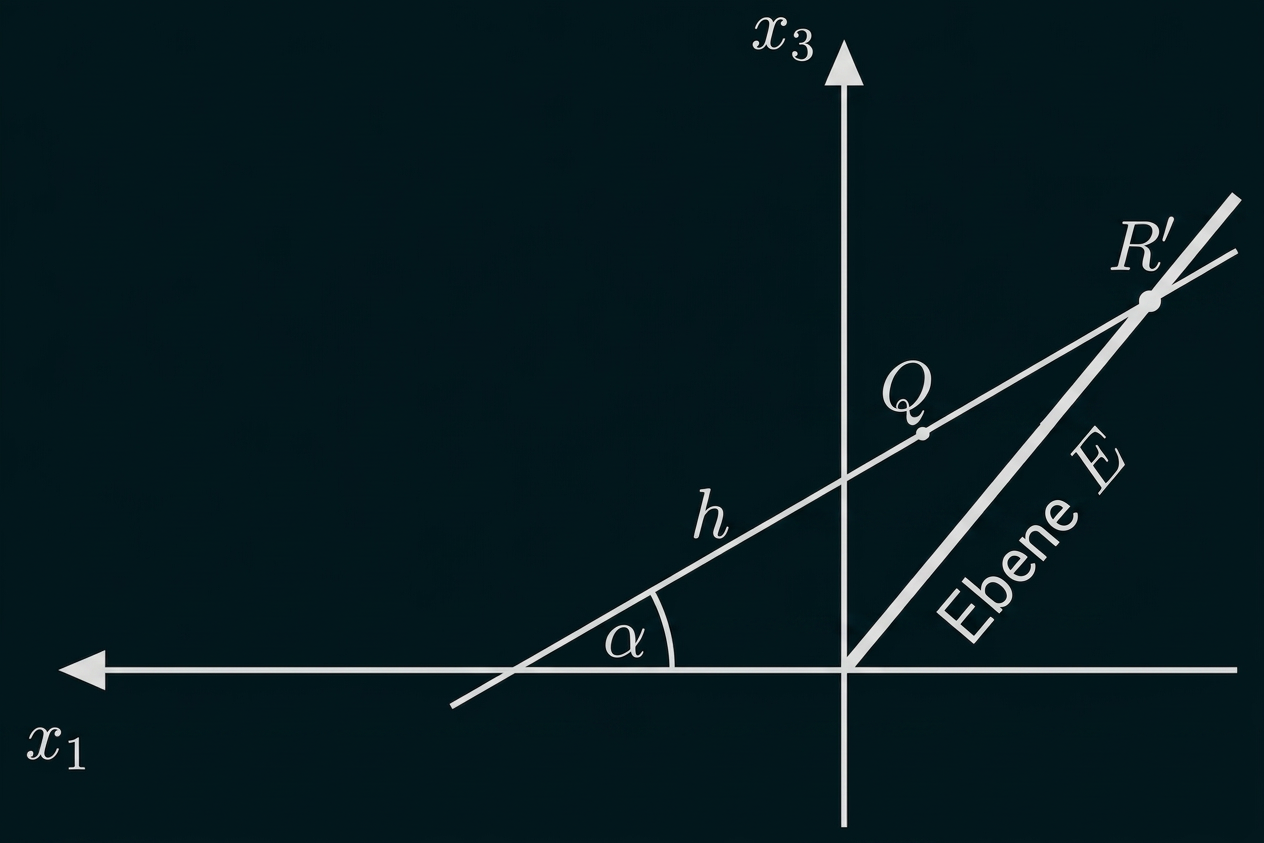 Schematische Darstellung einer Ebene E mit den Punkten Q und R′ sowie der Geraden h im Koordinatensystem.