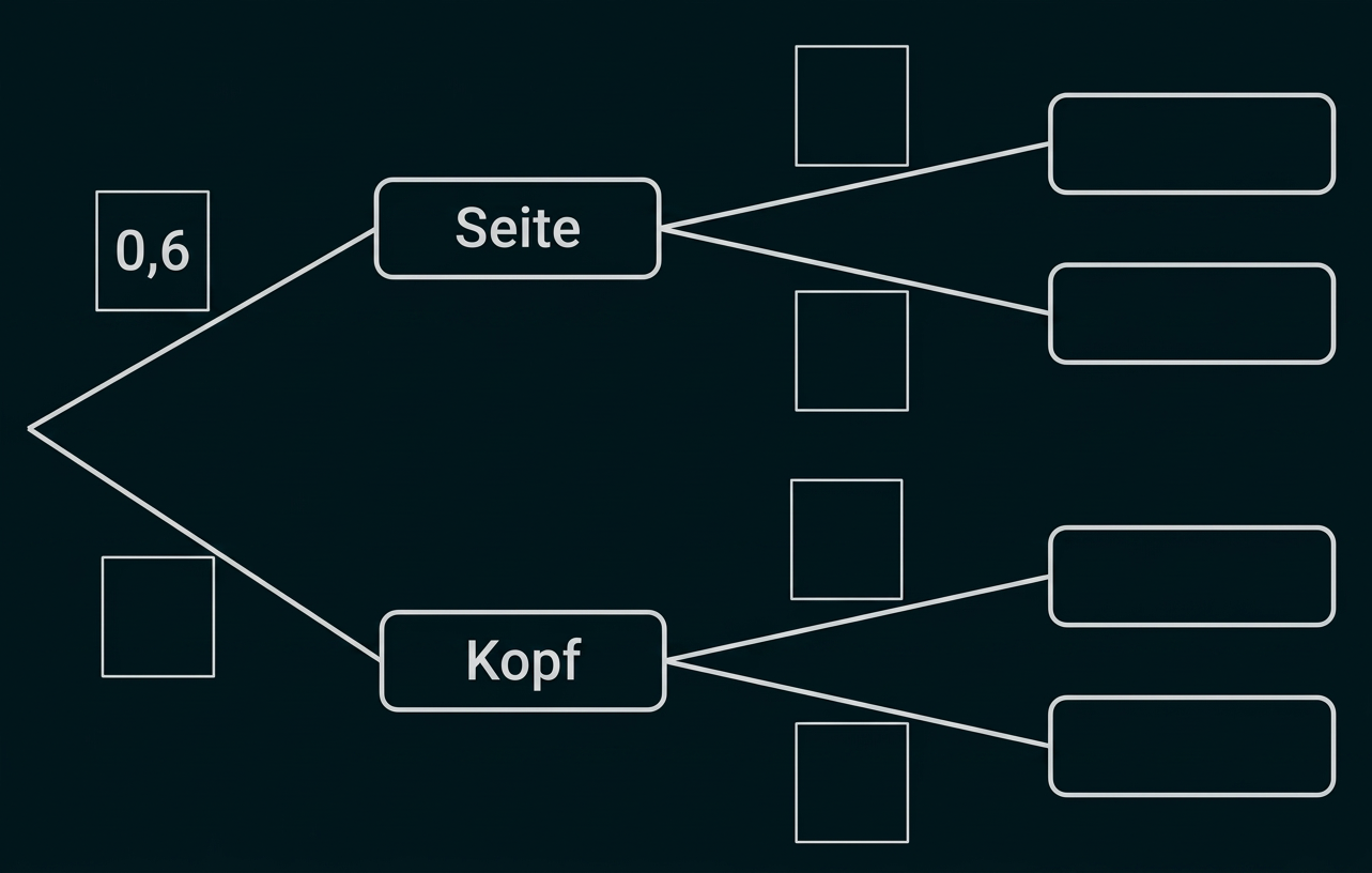 Baumdiagramm mit den Merkmalen Seite und Kopf sowie Wahrscheinlichkeitsfeldern.