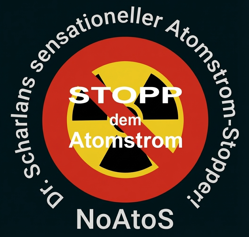 Rotes Verbotszeichen mit durchgestrichenem Radioaktivitätszeichen und Text "STOPP dem Atomstrom"