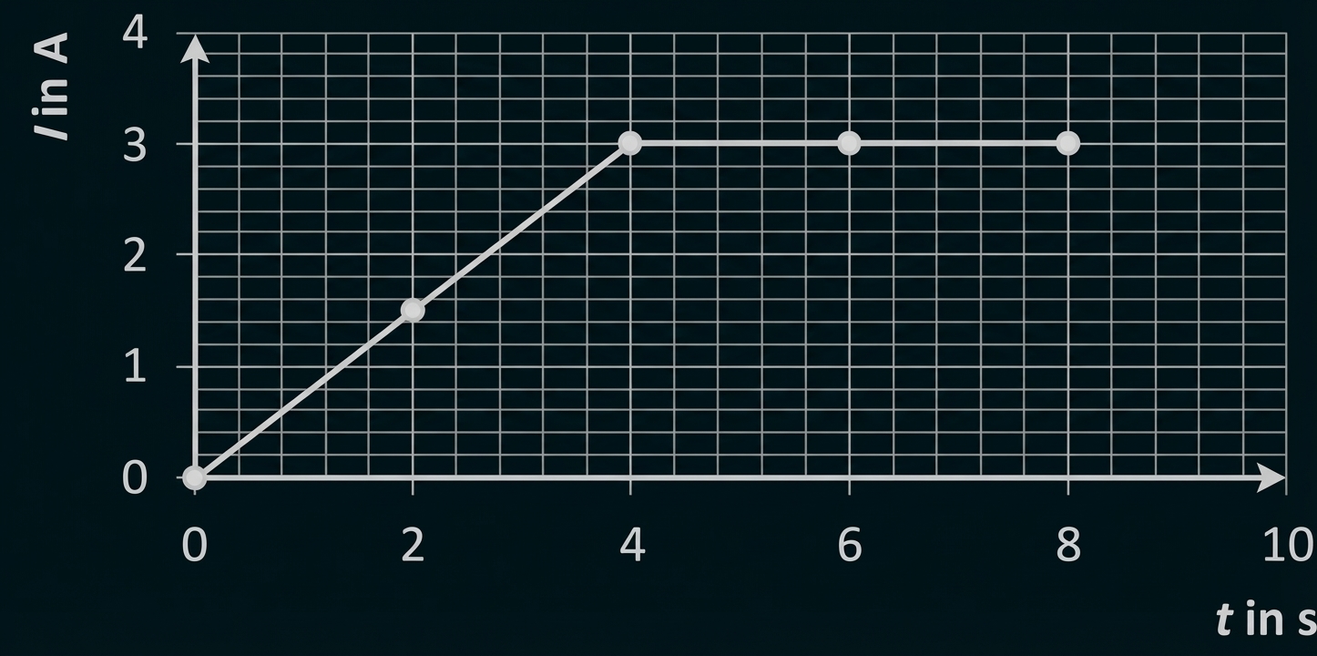 Diagramm: Strom I (A) gegen Zeit t (s), steigt linear von 0 auf 3 A bis 4 s, bleibt anschließend konstant bei 3 A