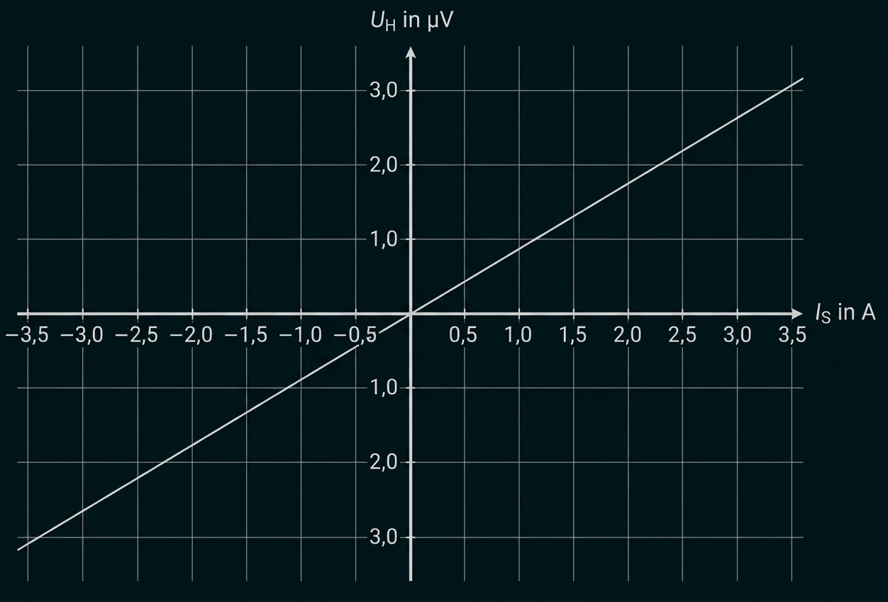 Koordinatensystem mit diagonal steigender Geraden durch den Ursprung; x-Achse "Is in A", y-Achse "U_H in µV"