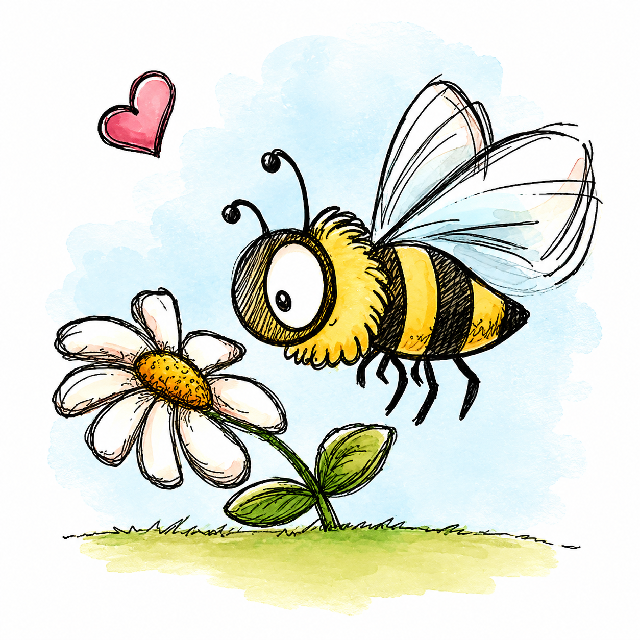 Cartoon-Biene schwebt über einer Blume, Aquarellhintergrund mit kleinem Herz.