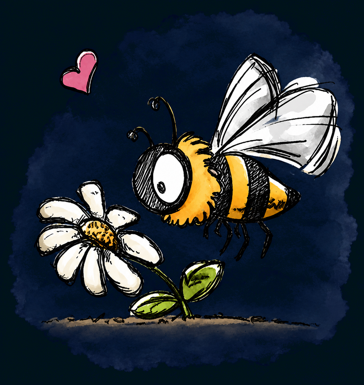 Cartoon-Biene schwebt über einer Blume, Aquarellhintergrund mit kleinem Herz.
