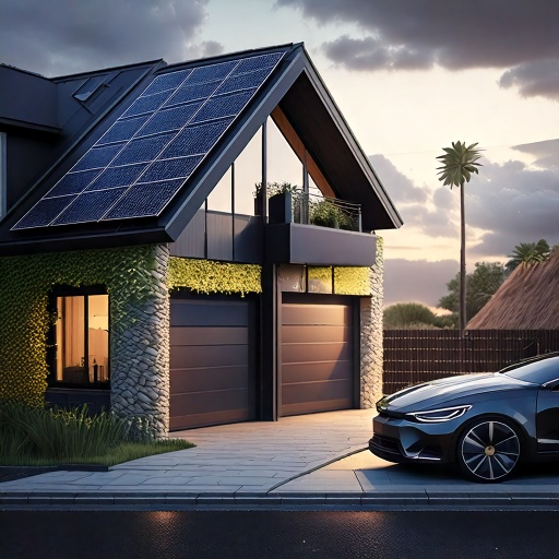 Moderne Villa mit Solarpanelen und einem schwarzen Auto in der Einfahrt, umgeben von grüner Landschaft.