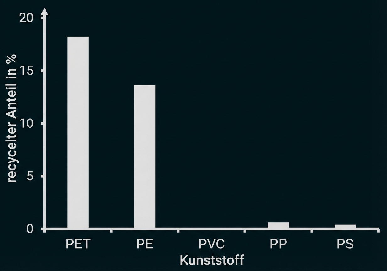 Balkendiagramm: recycelter Anteil in % für Kunststoffe (PET hoch, PE mittel, PVC/PP/PS nahezu null)